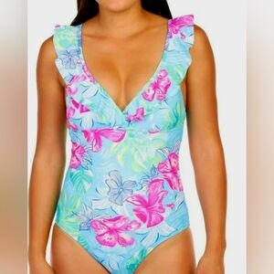 STELLA Parker Tropical Floral PINK AQUA Floral One Piece Swimsuit 20w PLUS Size